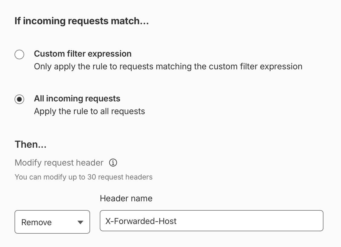 A Cloudflare request header transform rule that removes the X-Forwarded-Host header