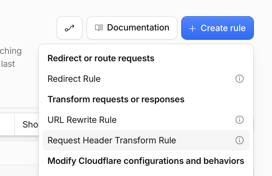 Cloudflare's Rules page with the option to create a request header transform rule